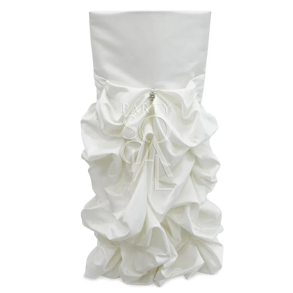 CHAIR COVER OFF WHITE SATIN DRAPED CHAMELEON: A white chair cover featuring elegant ruffled fabric, tailored for Chameleon chairs, ideal for special event rentals.