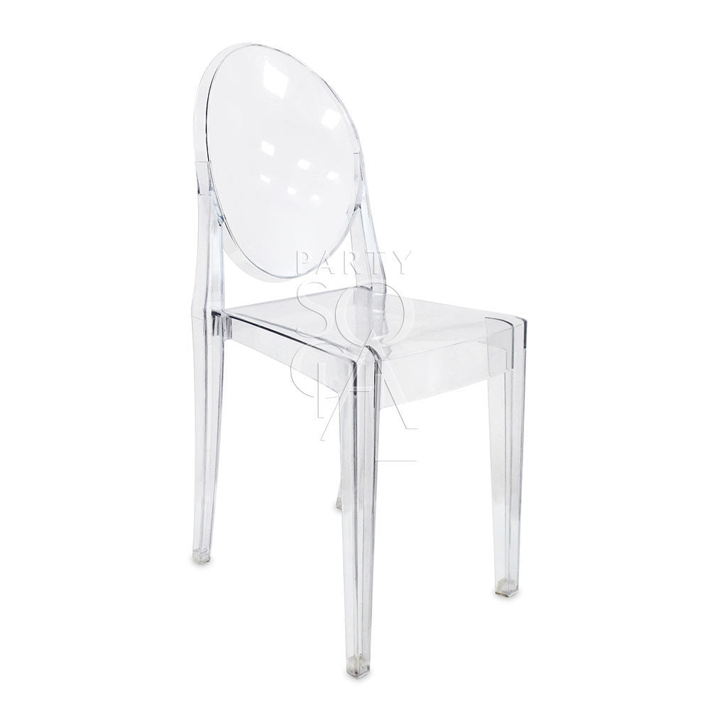 Clear plastic chair with a round back from the Vintage Arabesque Collection, ideal for Ramadan and Eid dining experiences offered by Party Social.