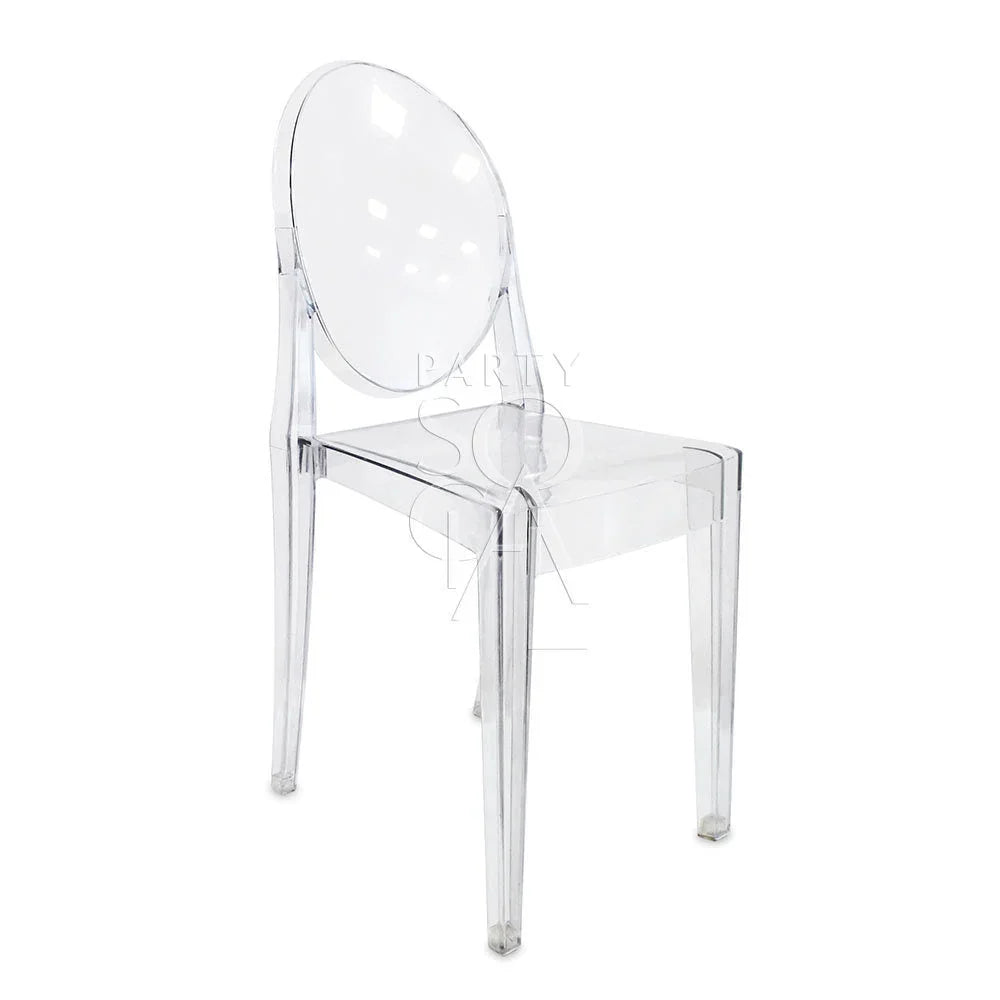 Clear plastic chair with a round back from the Vintage Arabesque Collection, ideal for Ramadan and Eid dining experiences offered by Party Social.