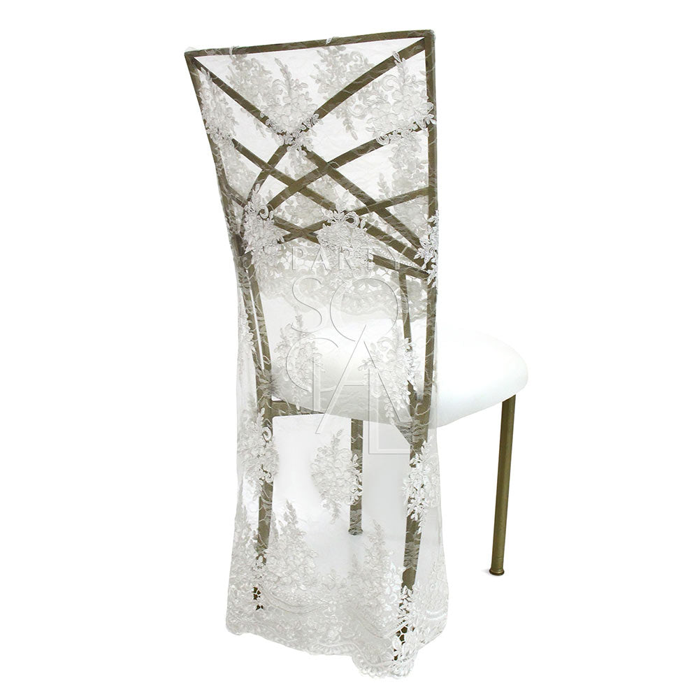 CHAIR COVER FULL LACE CHAMELEON, elegantly draped over a Chameleon chair, showcasing intricate lace details, ideal for enhancing event aesthetics.