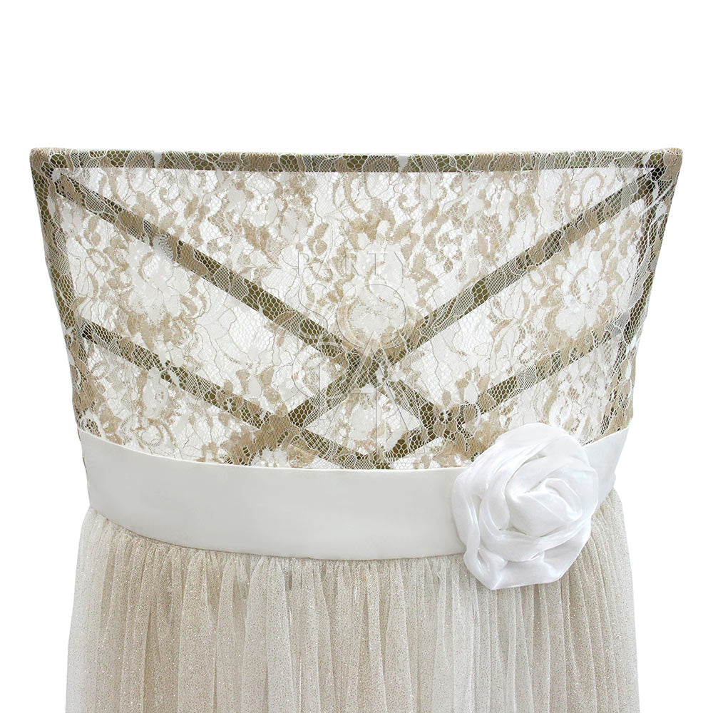 CHAIR COVER LACE WITH FULL TULLE CHAMELEON featuring intricate lace and tulle embellishments, designed for Chameleon chairs, offering options for clasps or floral accents.