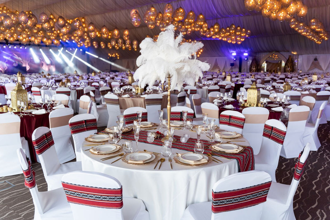 CHAIR BAND ARABIC PRINT adorning a banquet chair at a party table setup, highlighting event elegance and suitable for weddings or special occasions.