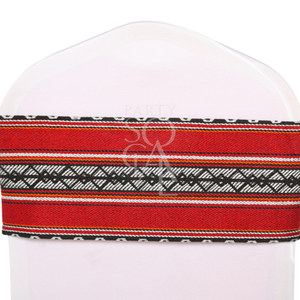 CHAIR BAND ARABIC PRINT adorning a banquet chair with red and black stripes, ideal for event decor, measuring 42cm by 16cm.