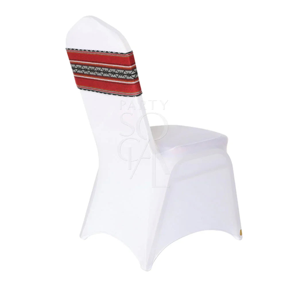 CHAIR BAND ARABIC PRINT on a white chair, featuring a red and black stripe design, suitable for banquet chairs, dimensions 42cm L x 16cm W.