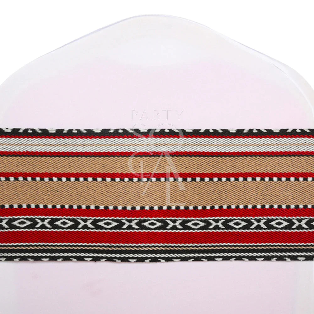 CHAIR BAND ARABIC PRINT close-up showing detailed fabric pattern, designed for banquet chairs. Ideal for enhancing event decor with its distinctive style.