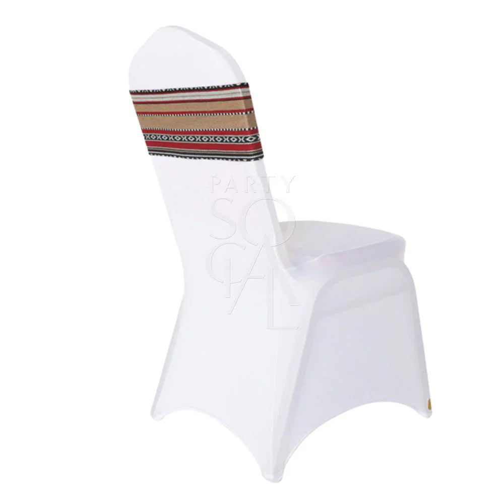 CHAIR BAND ARABIC PRINT on a white chair, featuring a red and black stripe pattern, ideal for enhancing banquet chairs at events.