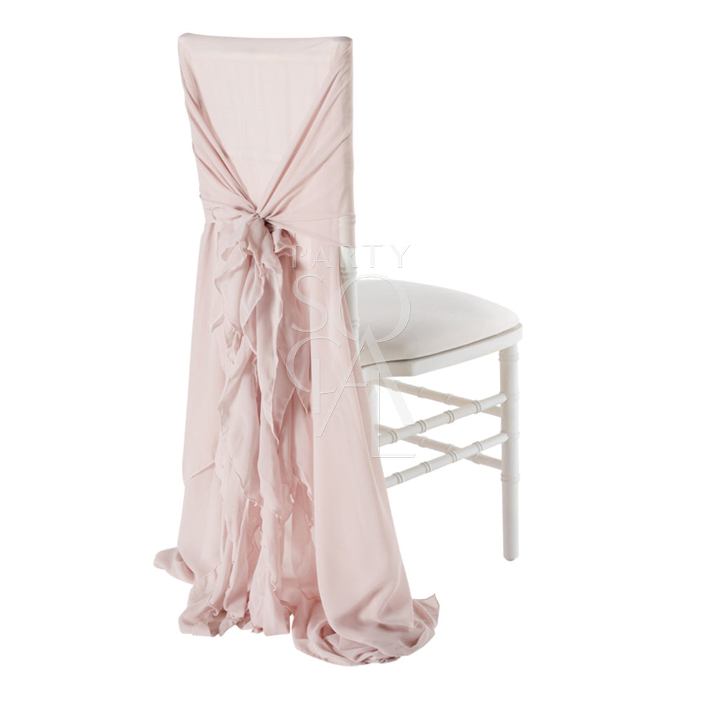 CHAIR COVER BLUSH PINK RUFFLED CHIAVARI draped over a white Chiavari chair, showcasing elegant chiffon ruffles for event rentals or purchases at Party Social.