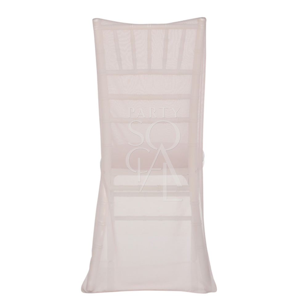 CHAIR COVER SIMPLE CHIFFON CHIAVARI draped over a Chiavari chair, showcasing elegant blush pink chiffon fabric for event rentals by Party Social.
