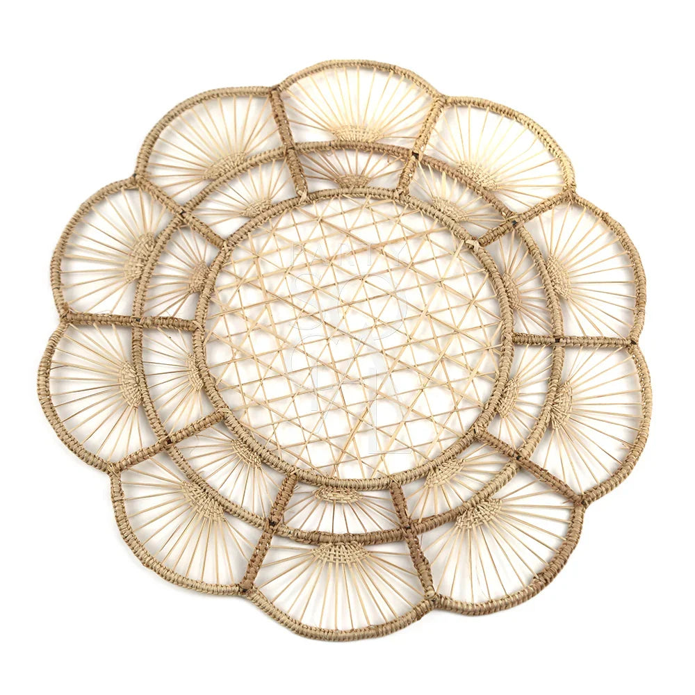 Charger plate featuring floral rattan wire design, perfect for rustic or boho-themed events. Adds warmth to tablescape indoors or out. Dimensions: 37cm Dia. From Party Social, your go-to for event essentials. Tableware rentals from Party Social Dubai.