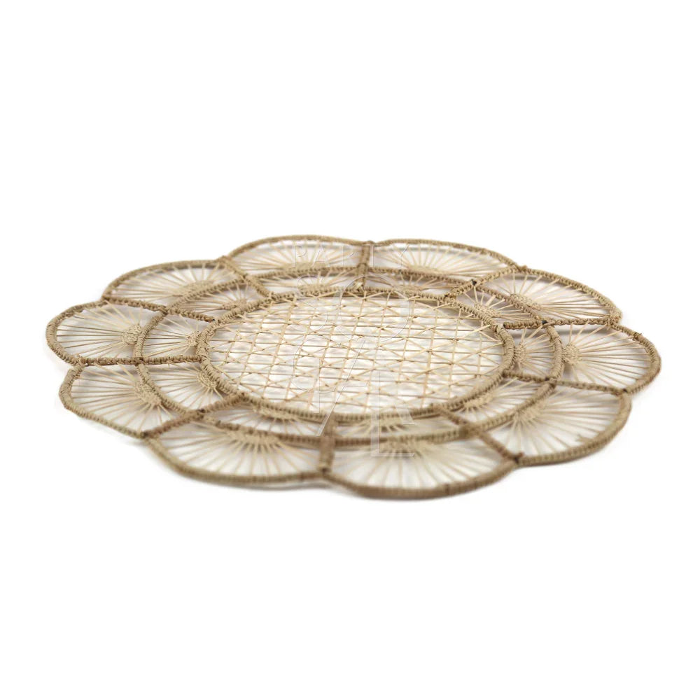 Close-up of Charger Plate - Floral Rattan Wire, a rustic addition for events by Party Social. Versatile 37cm Dia design for indoor/outdoor use, adding warmth to any tablescape. Tableware rentals from Party Social Dubai.