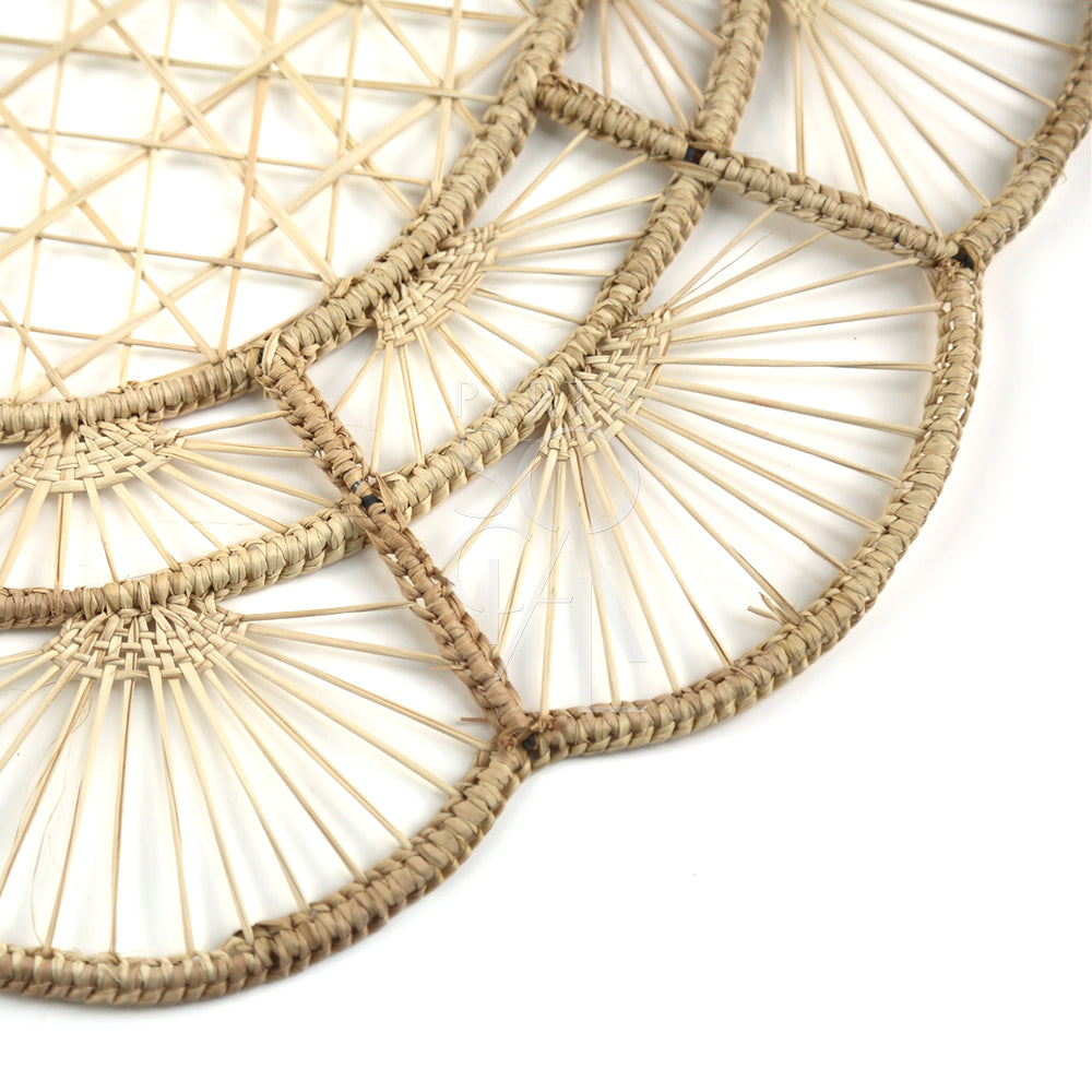 Close-up of Charger Plate - Floral Rattan Wire, a rustic touch for events. Versatile for indoor or outdoor use, adding warmth to any tablescape. Dimensions: 37cm Dia. Tableware rentals from Party Social Dubai.
