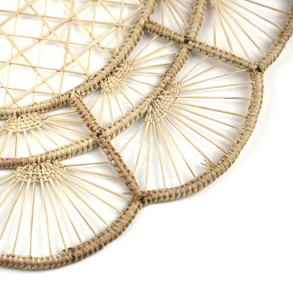 Close-up of Charger Plate - Floral Rattan Wire, a rustic touch for events. Versatile for indoor or outdoor use, adding warmth to any tablescape. Dimensions: 37cm Dia. Tableware rentals from Party Social Dubai.