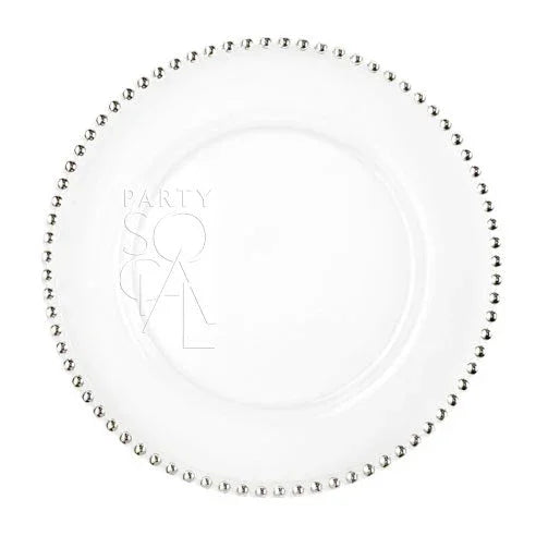 CHARGER PLATE - BEADED: Elegant beaded glass charger plate, perfect for enhancing any table setting at parties and events. Measures 33cm in diameter.