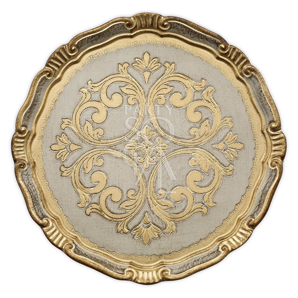Florentine Antique charger plate featuring a gold and white design, ideal for elegant table settings at events or special occasions.