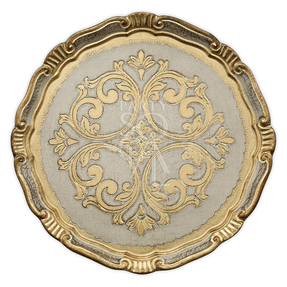 Florentine Antique charger plate featuring a gold and white design, ideal for elegant table settings at events or special occasions.
