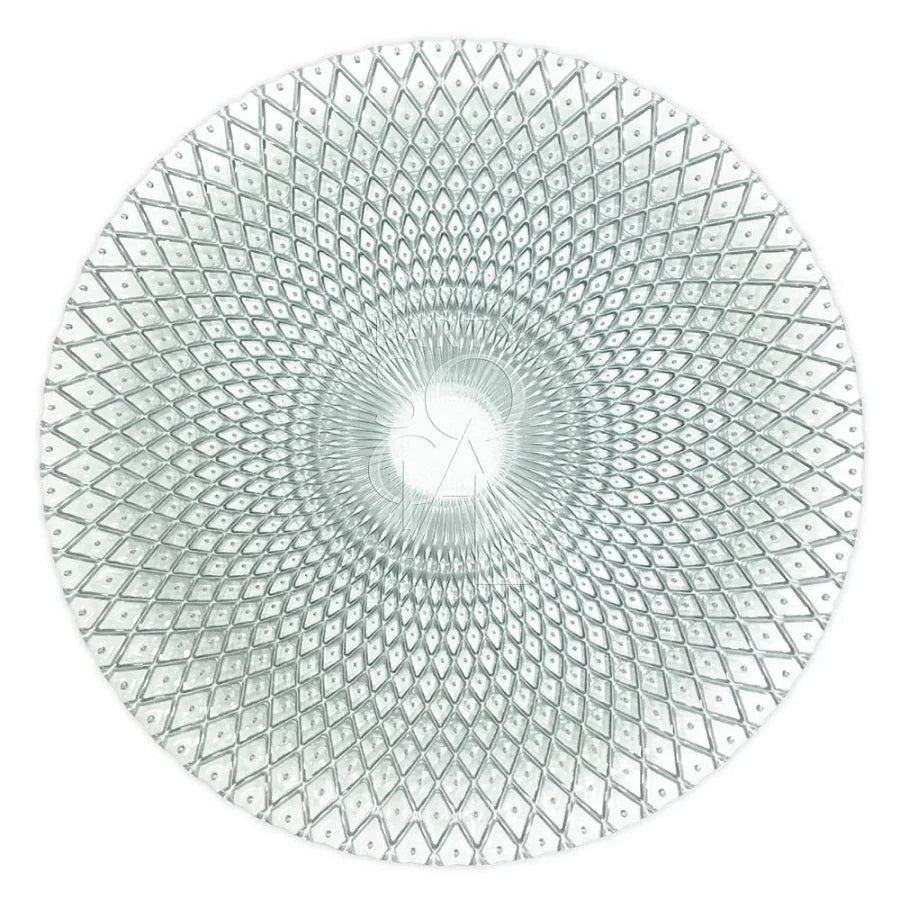 CHARGER PLATE - SILVER PEACOCK: Intricate circular metal design on a glass charger plate, perfect for elegant table settings at weddings or glamorous events.