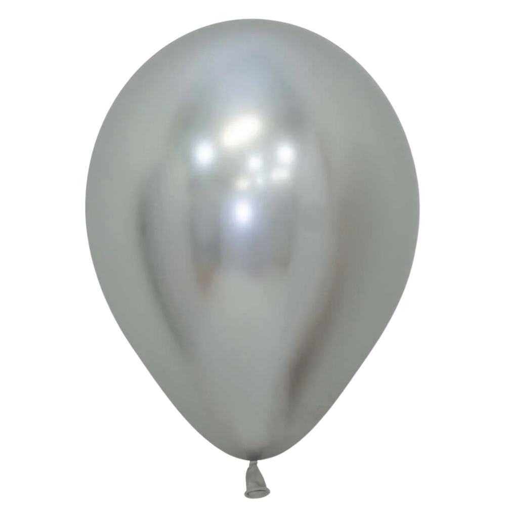 Chrome Silver balloon reflecting light, perfect for party decorations or events, offered by Party Social.