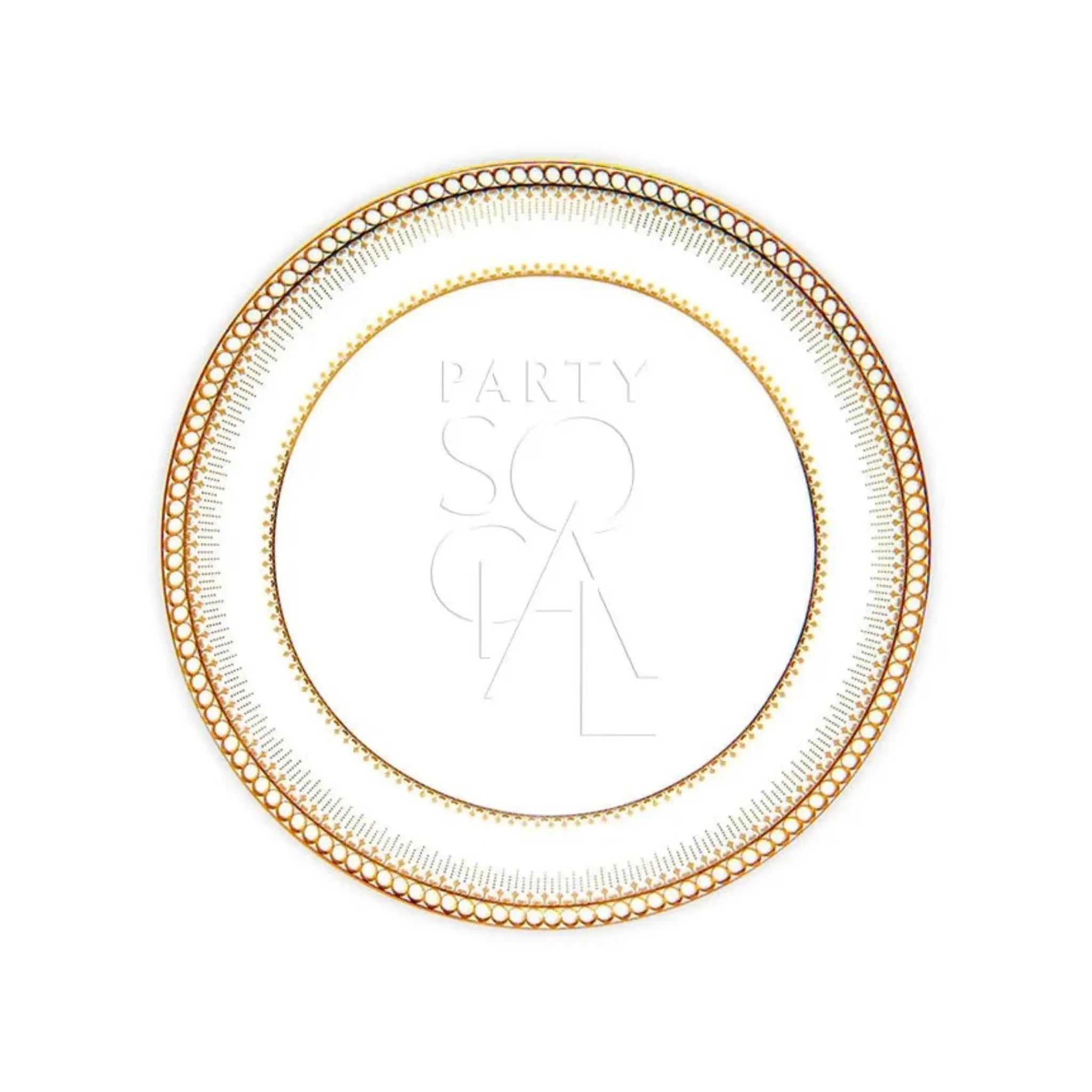 CLASSIC CHINA GOLD PLATES featuring ornate gold rings with bead motifs, ideal for elegant events. Center text reads “PARTY SOCIAL.” Available in multiple sizes.