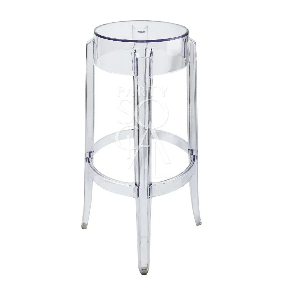 Ghost Chair Bar Stool, clear and round-topped, ideal for weddings and corporate events, offered by Party Social for versatile occasion settings.
