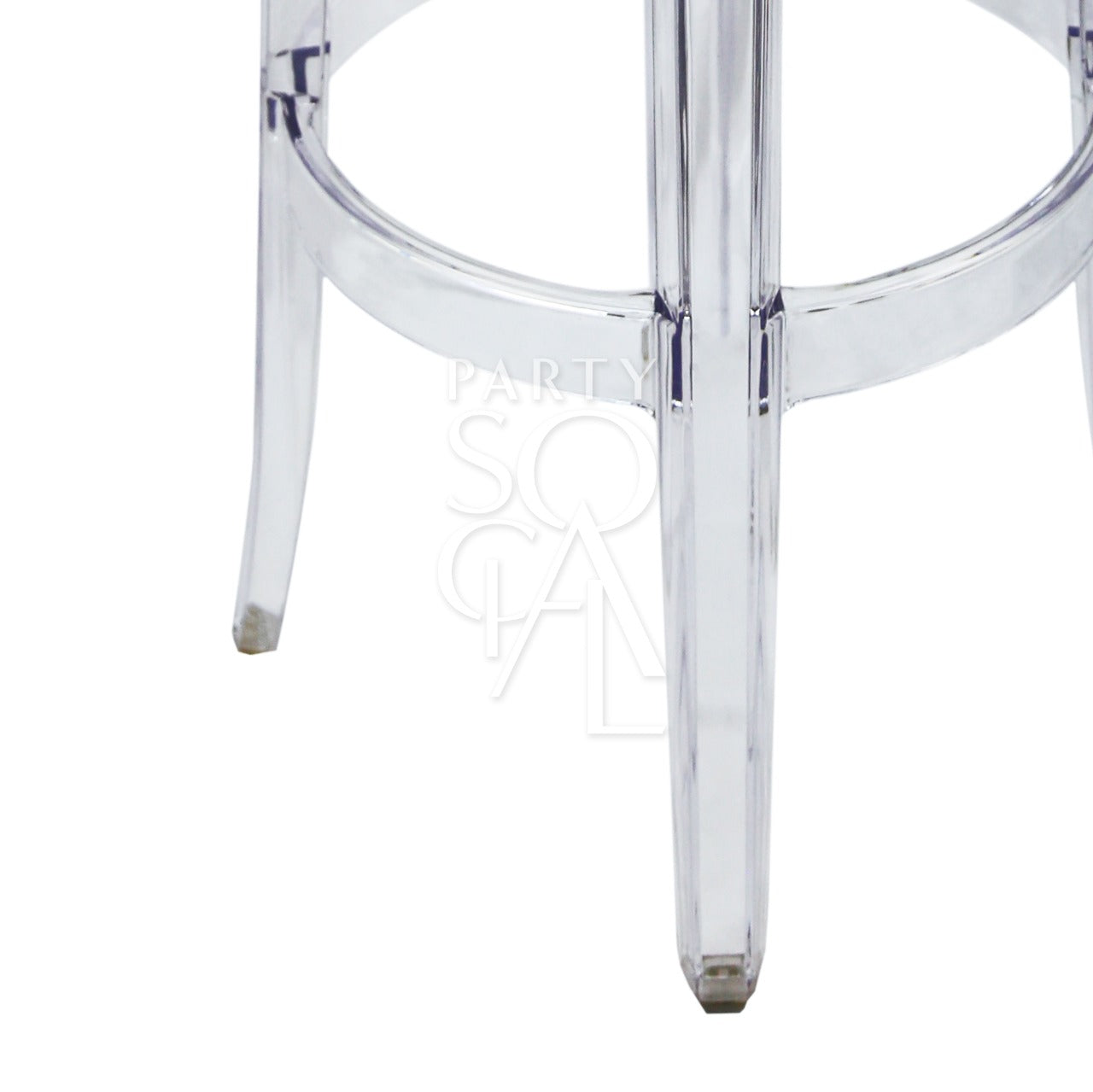 Ghost Chair Bar Stool, featuring a clear plastic design with a sleek, minimalist aesthetic, ideal for weddings and corporate events.
