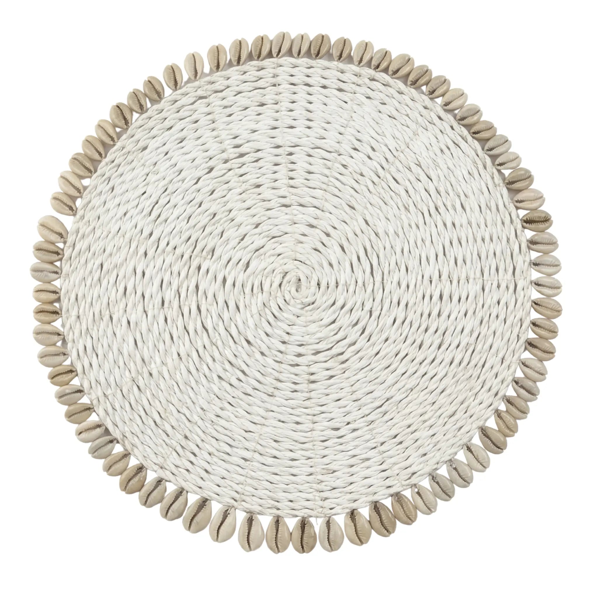 Coastal Shell Round Placemat – Set of 4, featuring a woven natural-fiber design with a cowrie shell border, ideal for enhancing coastal and summer-themed table settings.