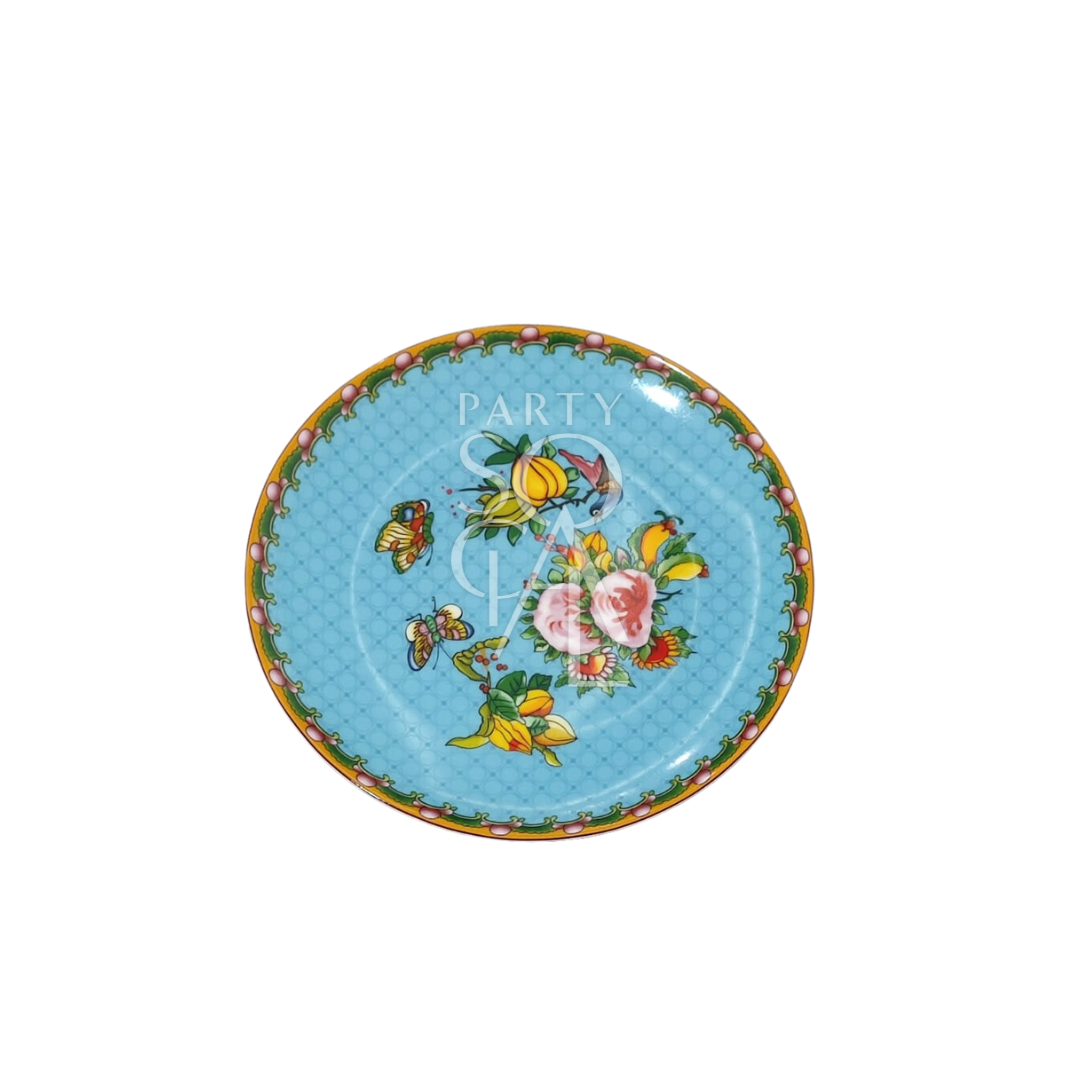 FLORAL PATTERNED PLATES with intricate flower and butterfly designs, perfect for adding elegance to any event setting. Ideal for weddings and special occasions.