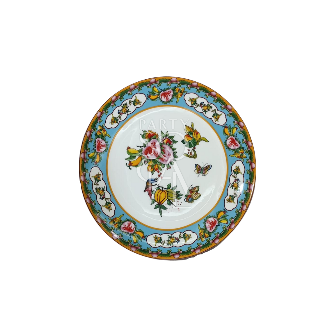 FLORAL PATTERNED PLATES with butterflies and flowers, ideal for elegant event settings, offered in multiple sizes by Party Social.