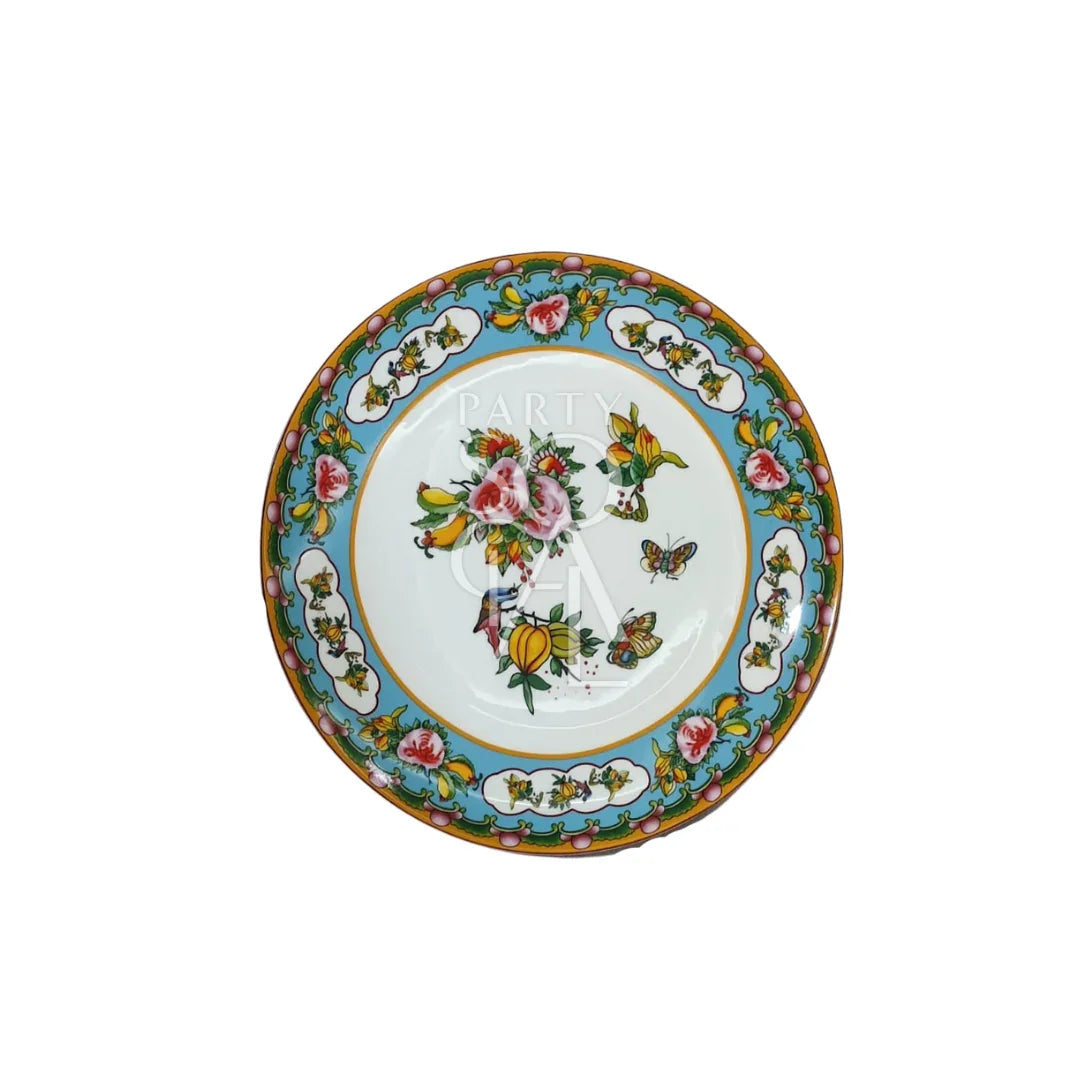 FLORAL PATTERNED PLATES with butterflies and flowers, ideal for elegant event settings, offered in multiple sizes by Party Social.