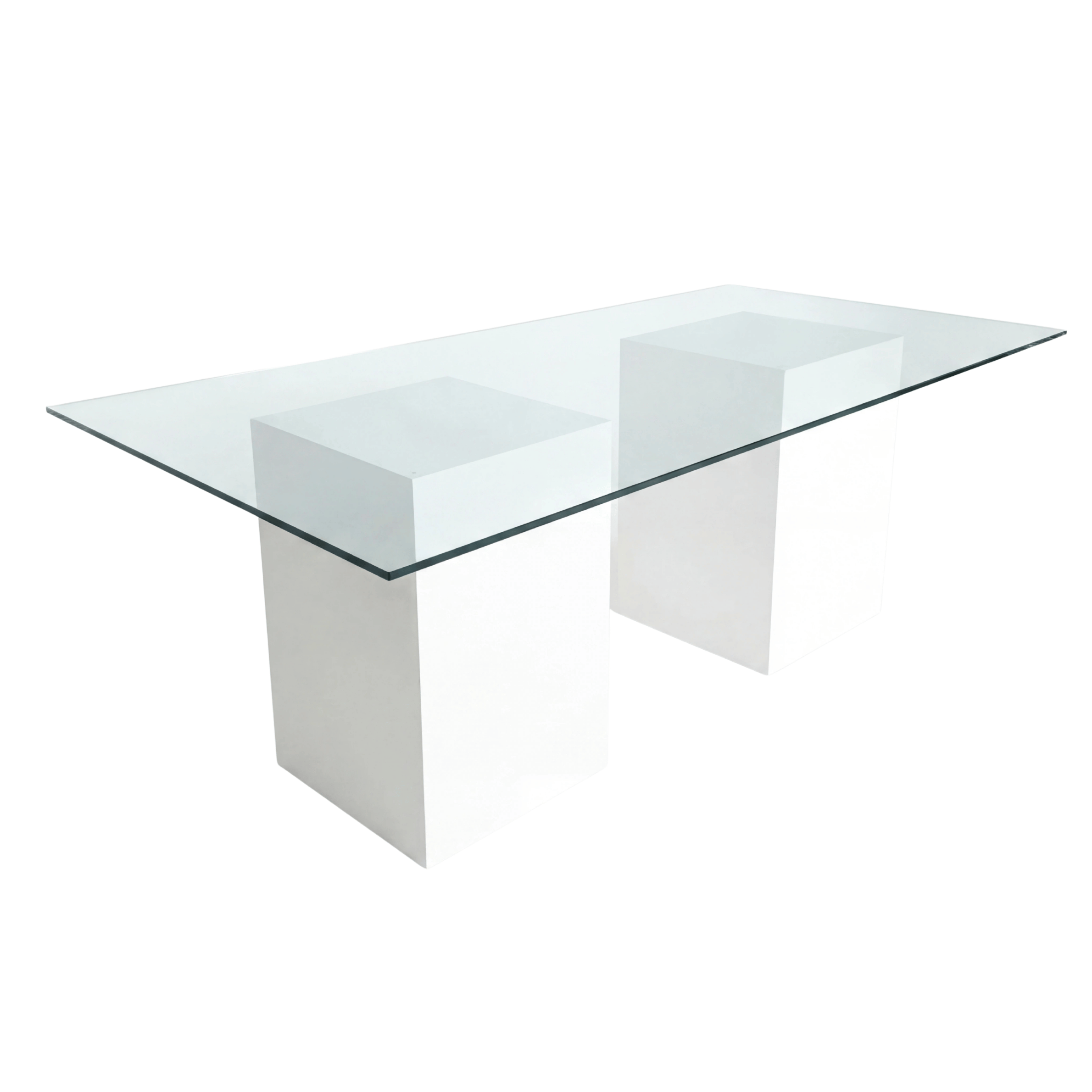 GLASS DINING TABLE with a clear glass top and white block supports, ideal for corporate and home events, offered by Party Social. Dimensions: 240cm x 130cm x 75cm.