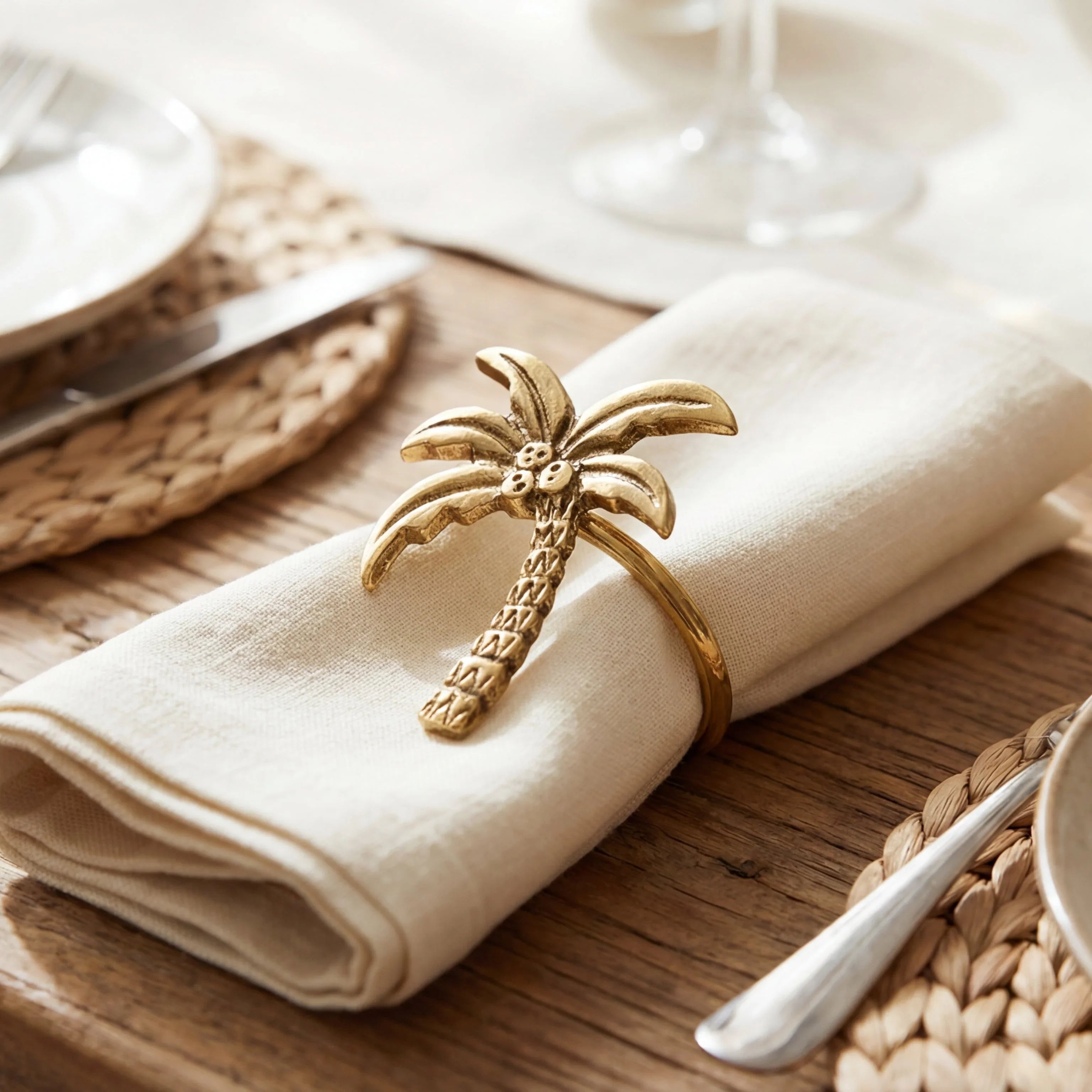 Brass Palm Tree Napkin Ring, 6 per pack, elegantly holds a cream cloth napkin, enhancing table decor for special occasions on a rustic wooden setting.