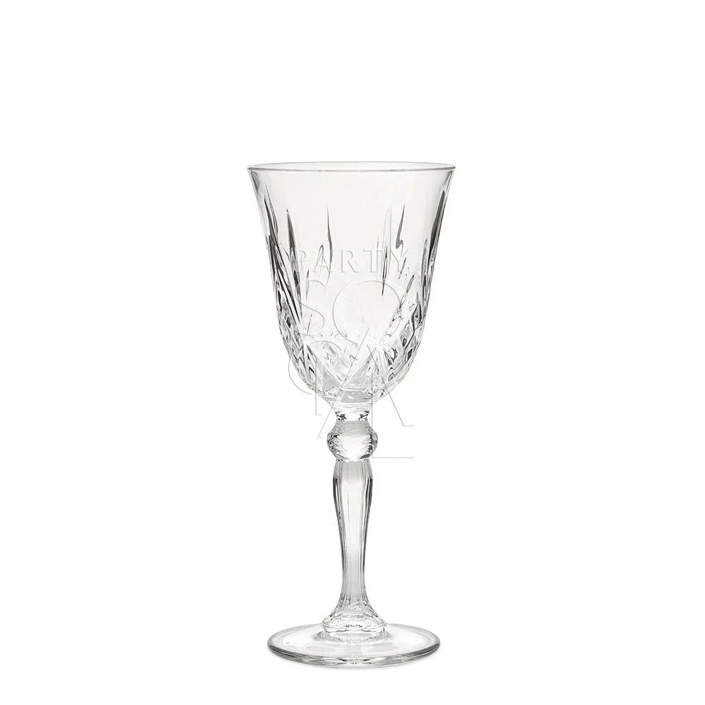 CRYSTAL ROME GLASSES: Elegant glassware perfect for upscale events, featuring intricate design ideal for enhancing table settings at weddings or dinner parties.