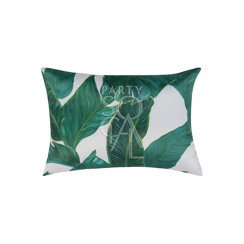 CUSHION WHITE WITH BANANA LEAVES PRINT, ideal for events, featuring a detailed leaf pattern. Perfect for enhancing any party or home setting.