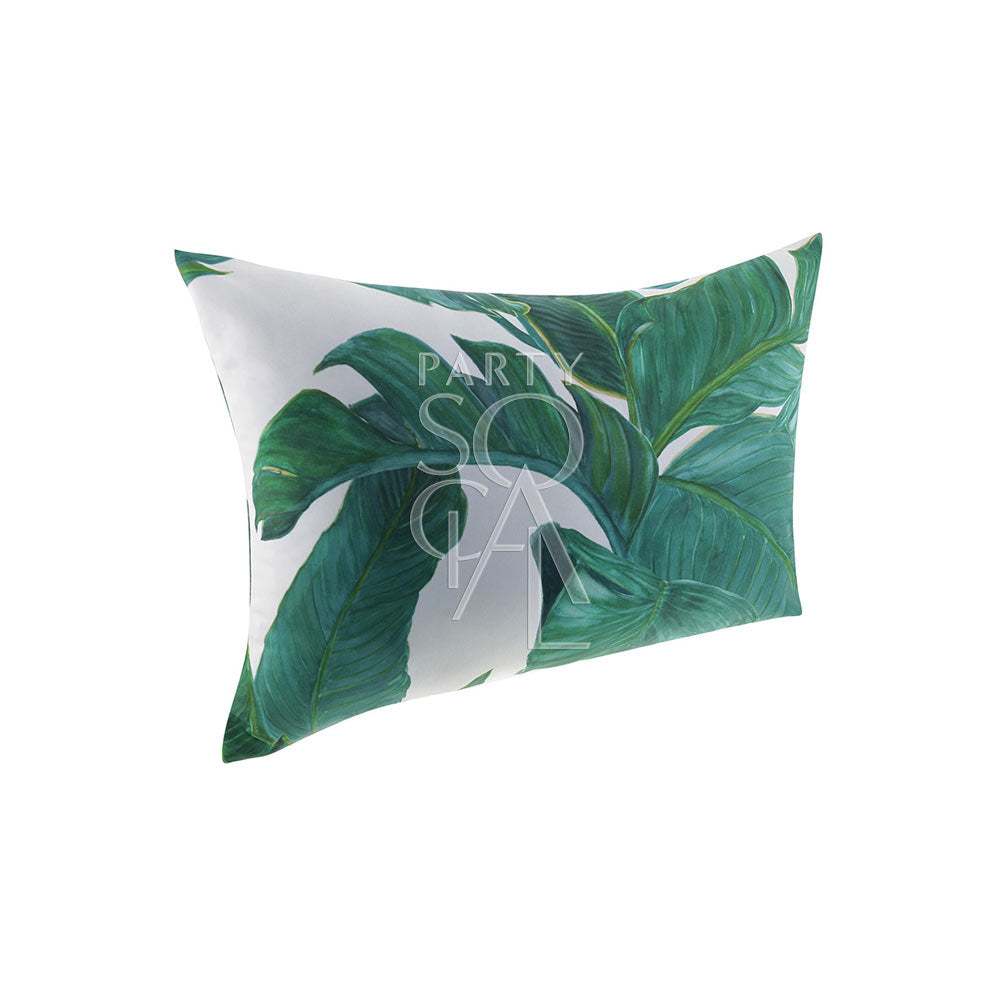 CUSHION WHITE WITH BANANA LEAVES PRINT, perfect for events, featuring a detailed leaf pattern on a throw pillow, suitable for enhancing party decor.