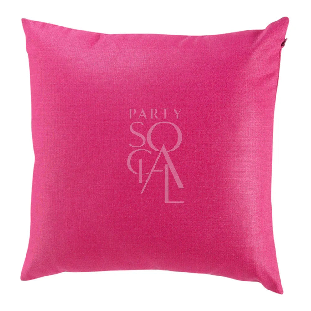 CUSHION COVER LINEN BLEND: Pink linen-blend cushion cover featuring a logo, ideal for enhancing event decor, available in multiple sizes.