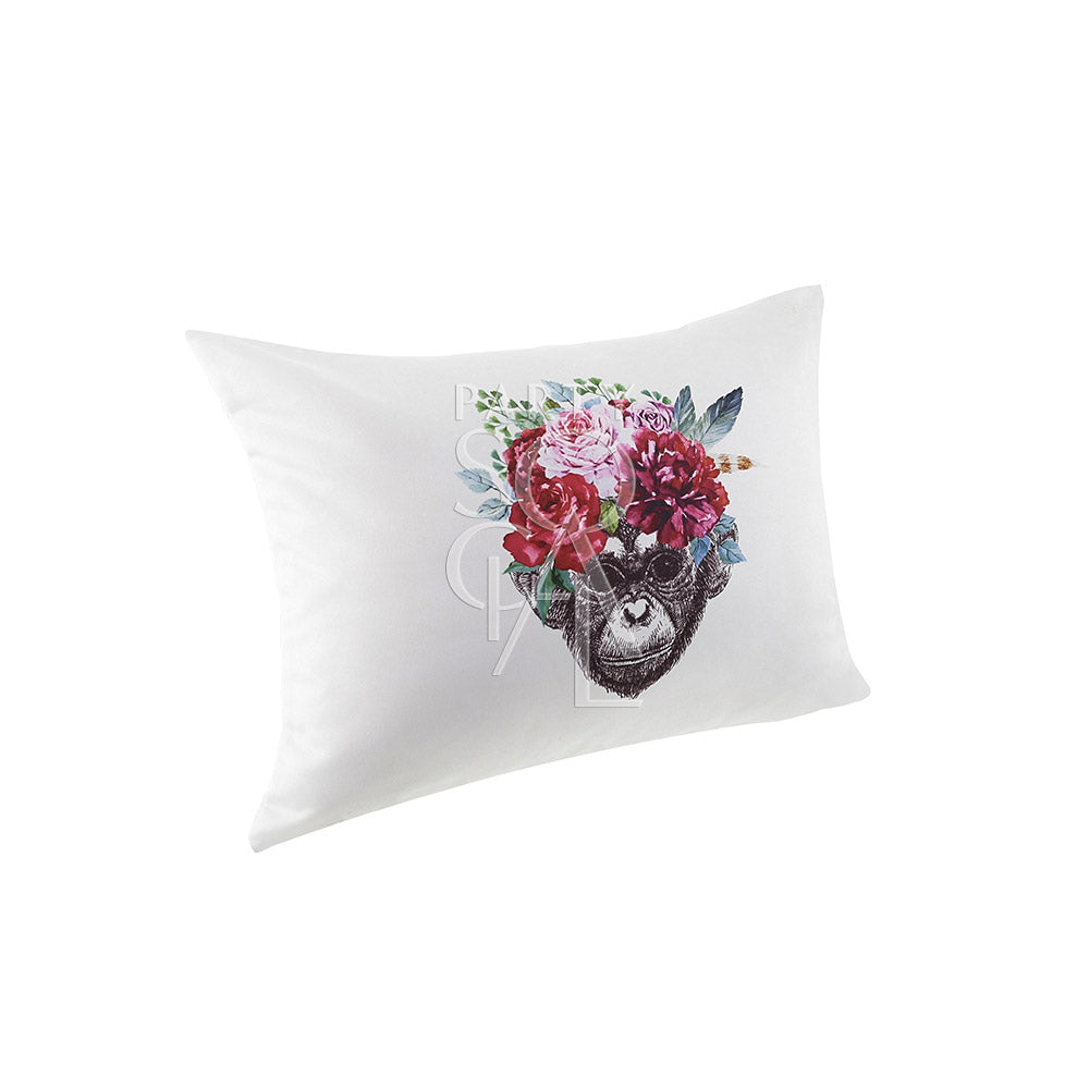 CUSHION OFF WHITE W/ MONKEY FACE: Off-white satin throw pillow featuring a central monkey face surrounded by floral elements, ideal for adding whimsical charm to events.