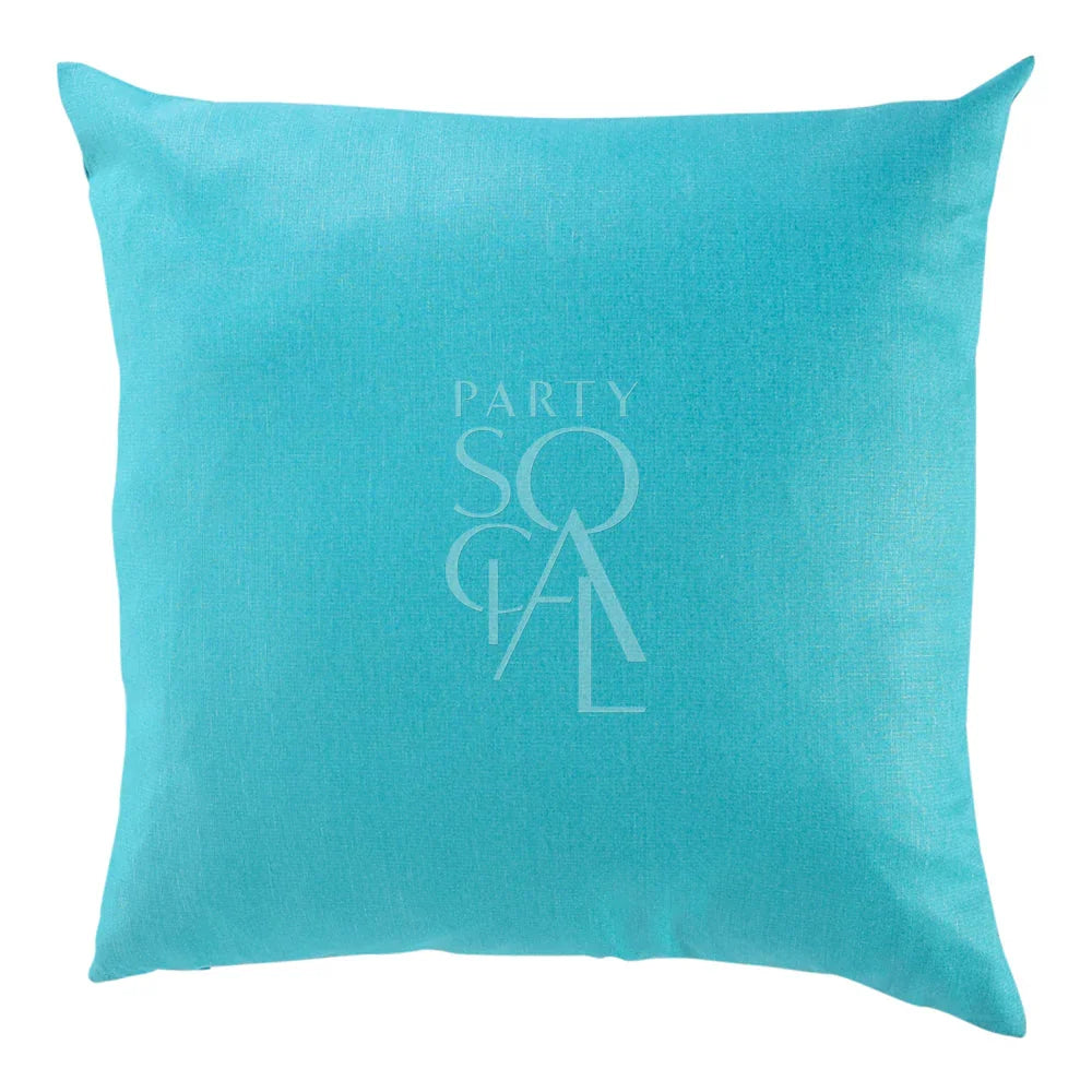 CUSHION COVER LINEN BLEND: A soft blue pillow with white text, available in two sizes, perfect for adding elegance to party decor.