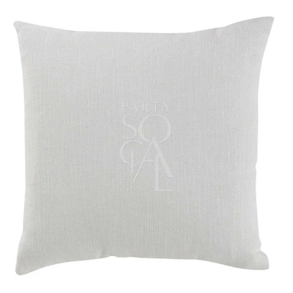 CUSHION COVER LINEN BLEND featuring a subtle logo on a white pillow, perfect for enhancing event decor with its soft linen texture and versatile design.