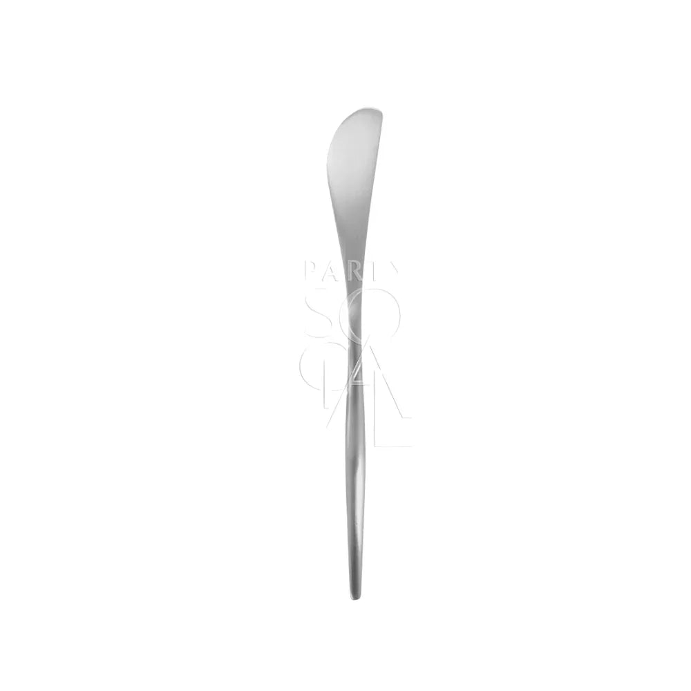 Close-up of CUTLERY MODERN SILVER spoon, showcasing sleek, minimalist design in high-quality stainless steel, perfect for elevating events with elegance and durability.