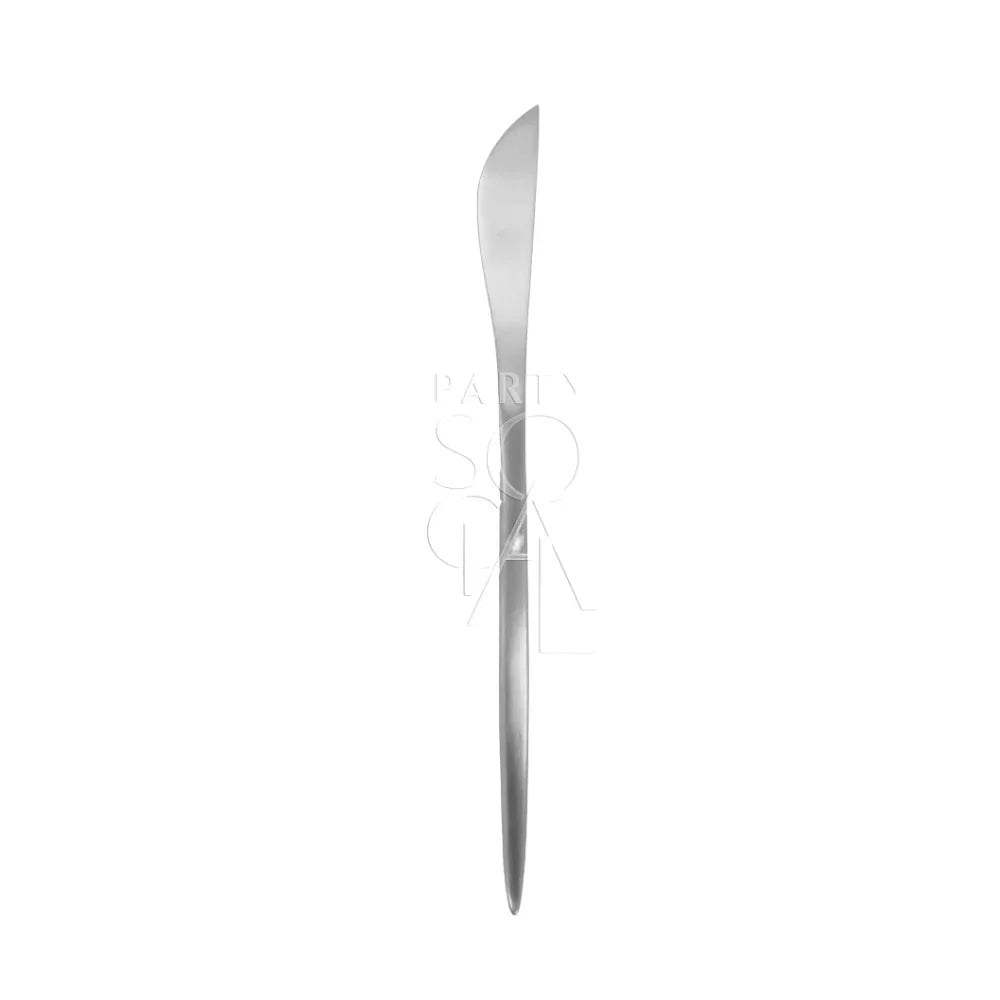 Close-up of the CUTLERY MODERN SILVER knife, showcasing its sleek stainless-steel design, ideal for enhancing sophisticated events with minimalist elegance and durability.