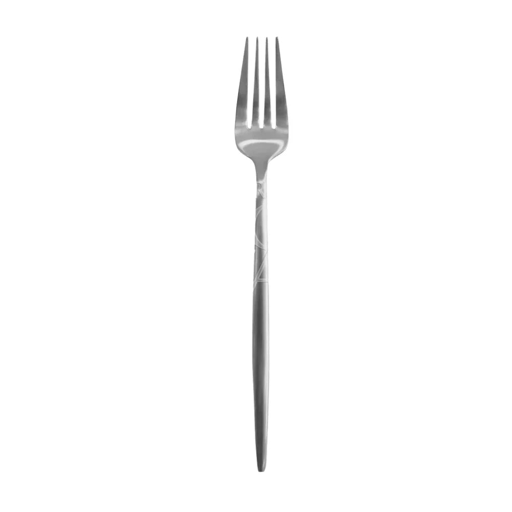 MODERN SILVER Cutlery with sleek, black-handled fork, showcasing minimalist elegance ideal for events. High-quality stainless-steel finish emphasizes sophistication and durability for special occasions.
