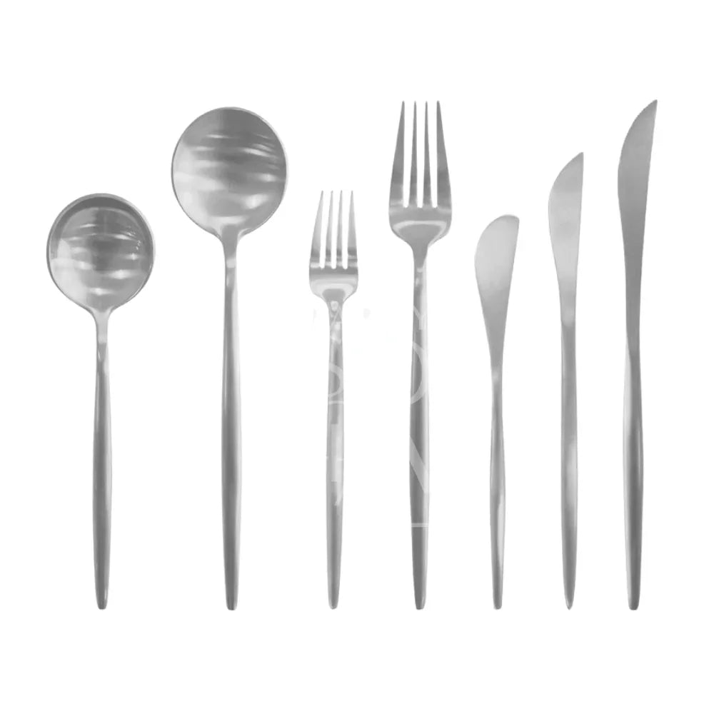 MODERN SILVER Cutlery set featuring sleek forks and tableware, ideal for elegant events, crafted from high-quality stainless steel for a sophisticated touch.