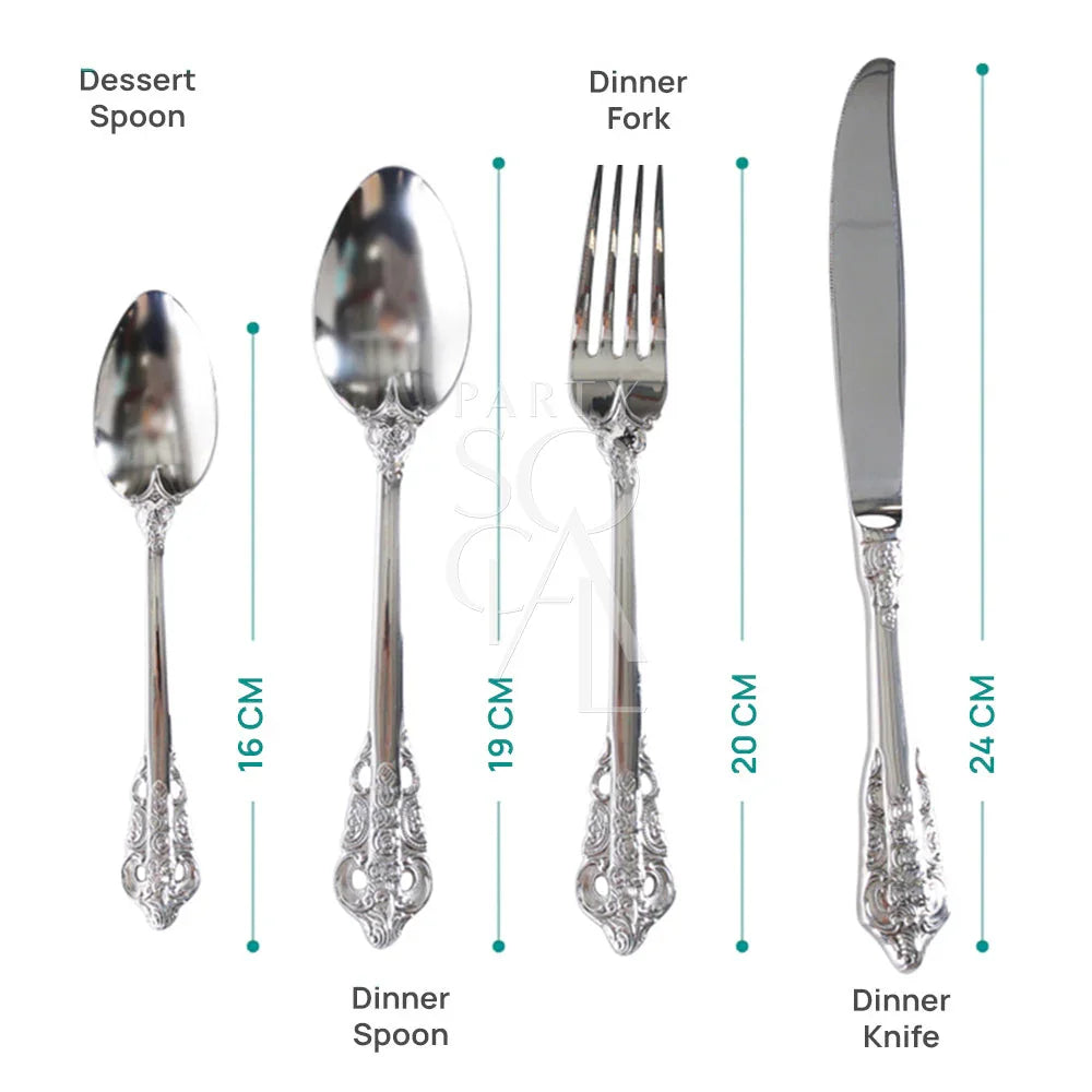 CUTLERY VINTAGE SILVER (SET OF 4 PIECE) - Close-up of vintage silver cutlery, including a knife, showcasing detailed measurements for a distinctive table setting.