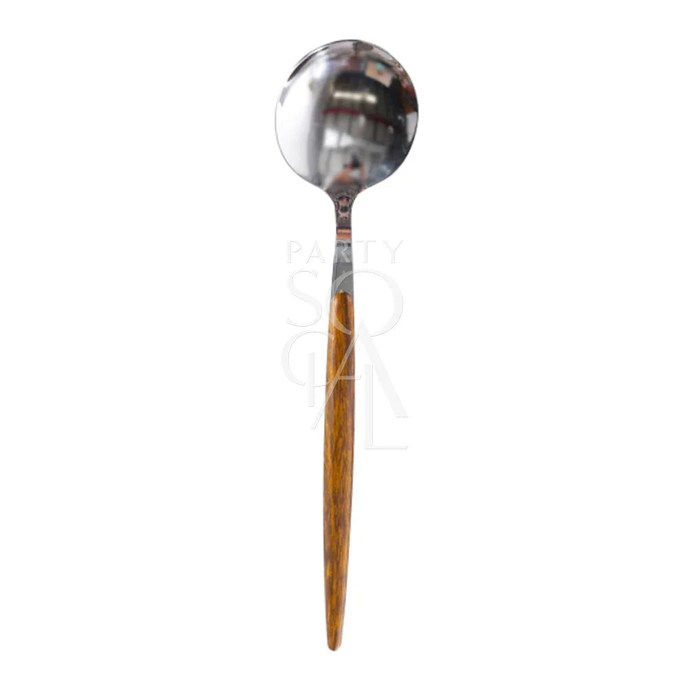 CUTLERY WOODEN SILVER: A close-up of a spoon with a wooden handle, part of a unique silverware set designed to enhance your dining experience.