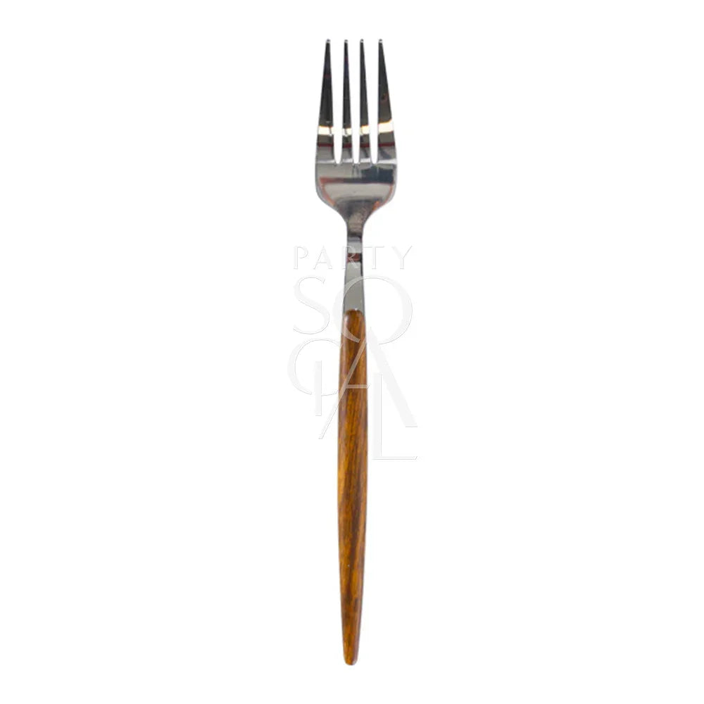 Close-up of CUTLERY WOODEN SILVER fork, showcasing its wooden handle and silverware, ideal for enhancing dining experiences from Party Social&