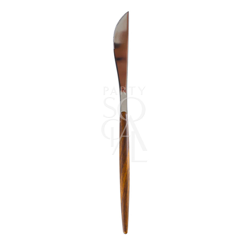 Close-up of CUTLERY WOODEN SILVER featuring a striking wooden handle, perfect for making a statement at your next dinner party.