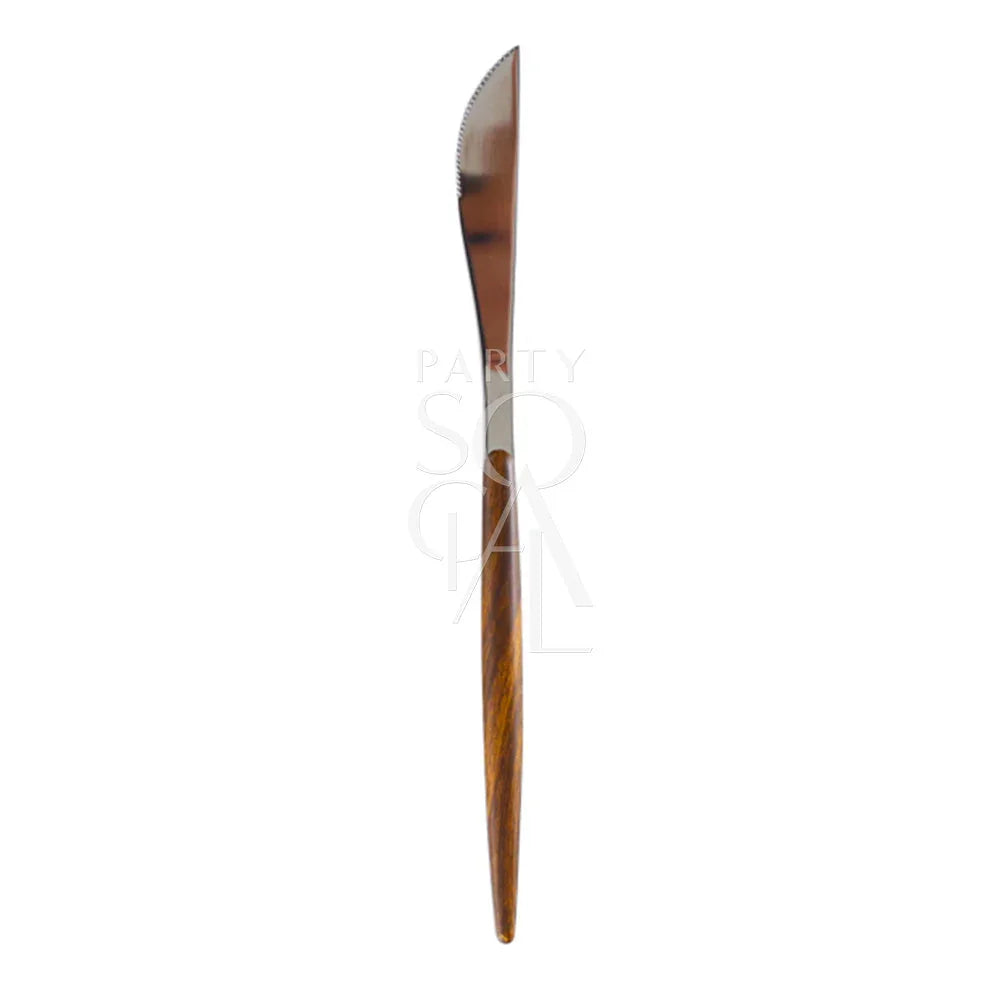 Close-up of CUTLERY WOODEN SILVER featuring a striking wooden handle, perfect for making a statement at your next dinner party.