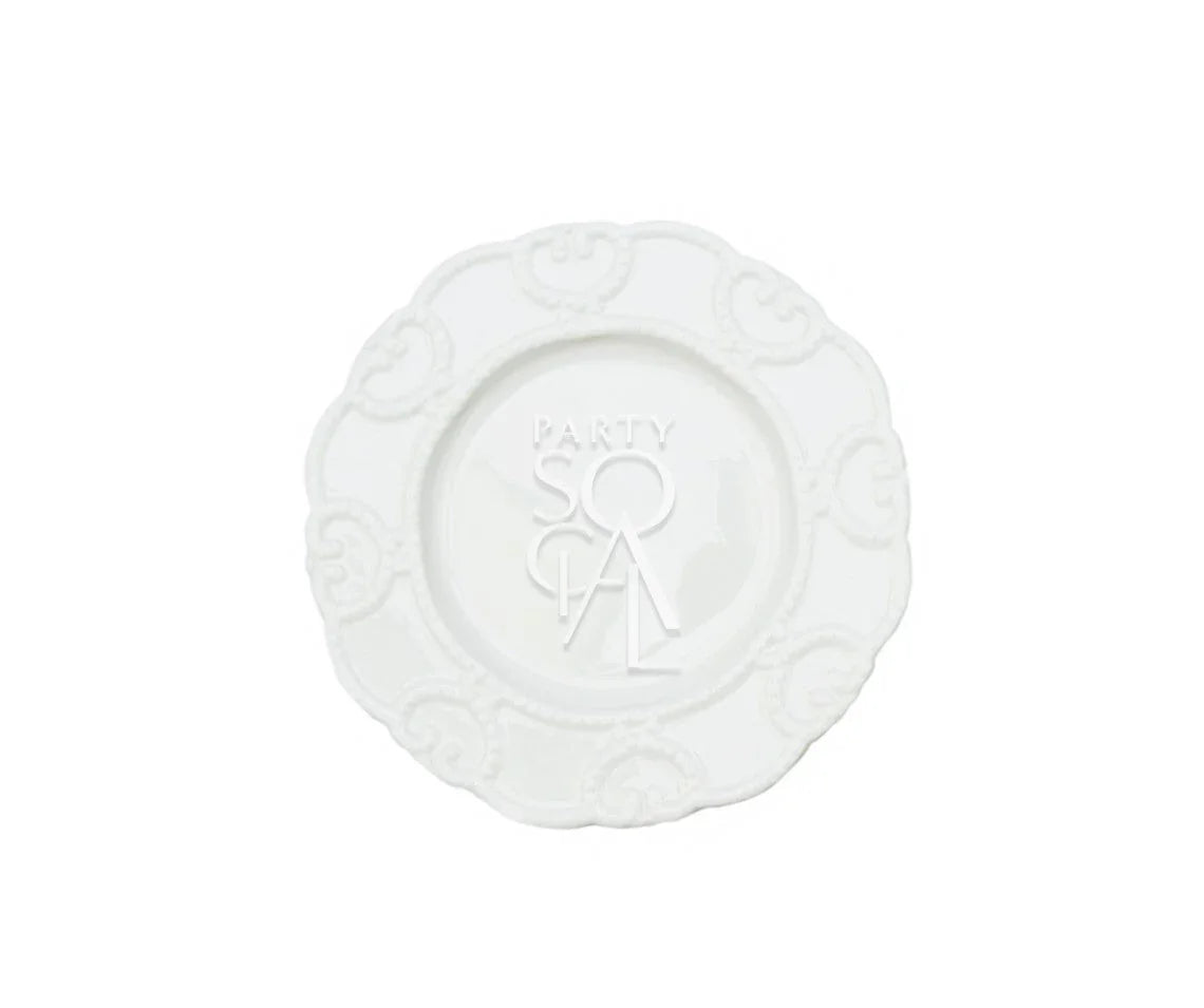 White Embossed-Plates featuring a modern, luxurious design with embossed detailing, ideal for elegant table settings at events or special occasions.
