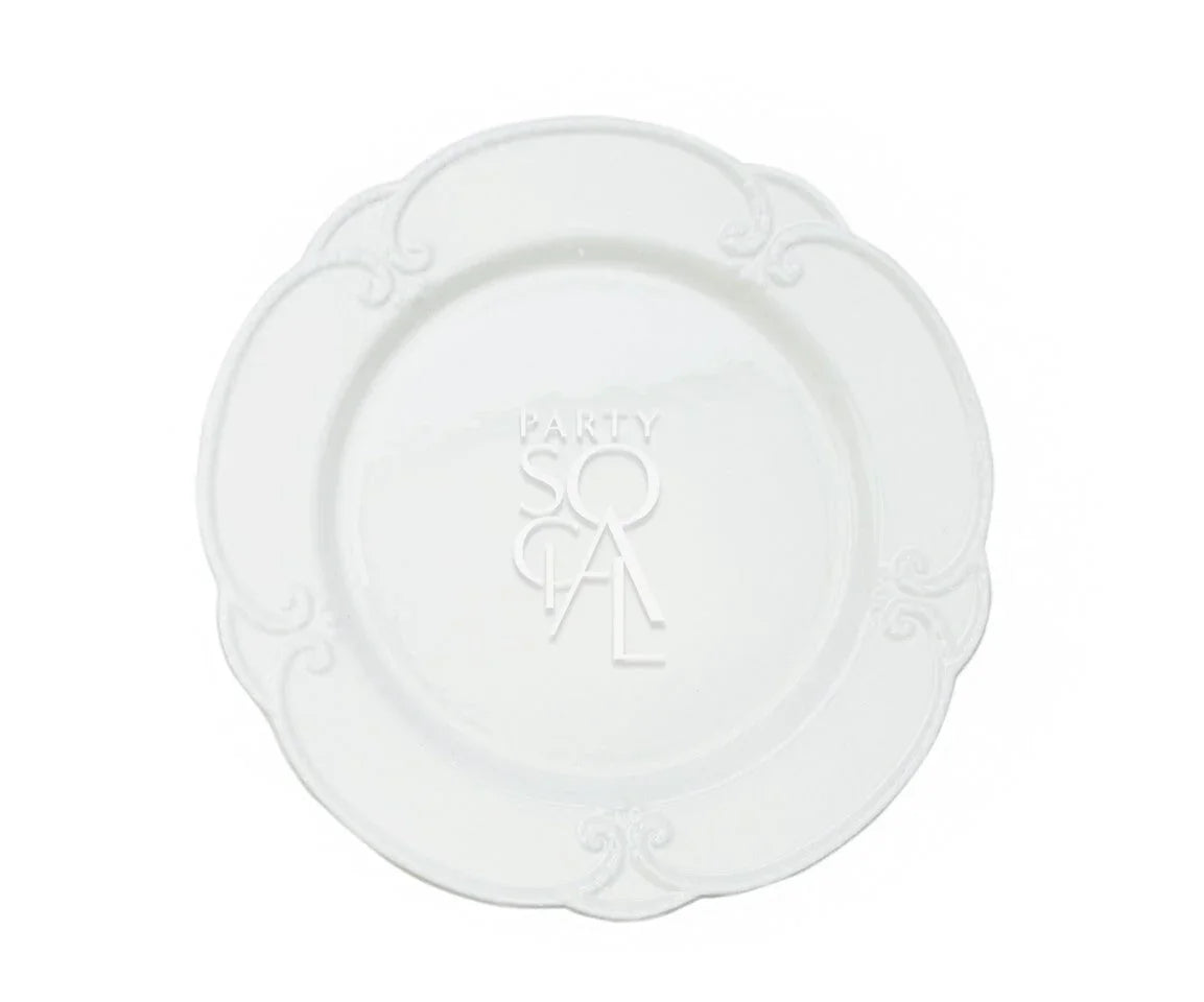 White Embossed-Plates featuring a modern design, ideal for luxurious table setups, including charger, dinner, dessert, and B&B plates, seen on a white platter.