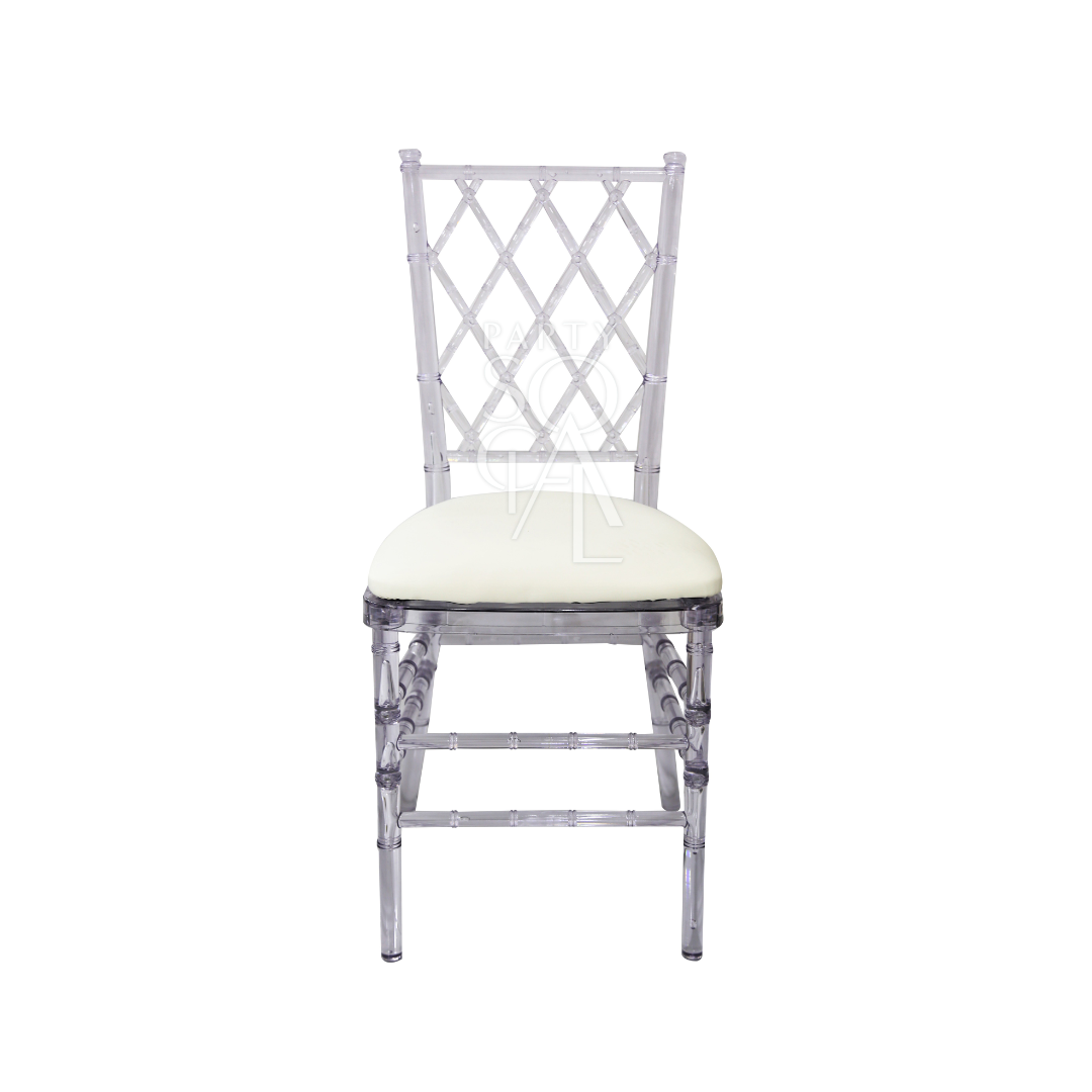DIAMOND BACK ACRYLIC CHAIR with clear plastic frame and white cushion, ideal for elegant events like weddings and corporate functions.