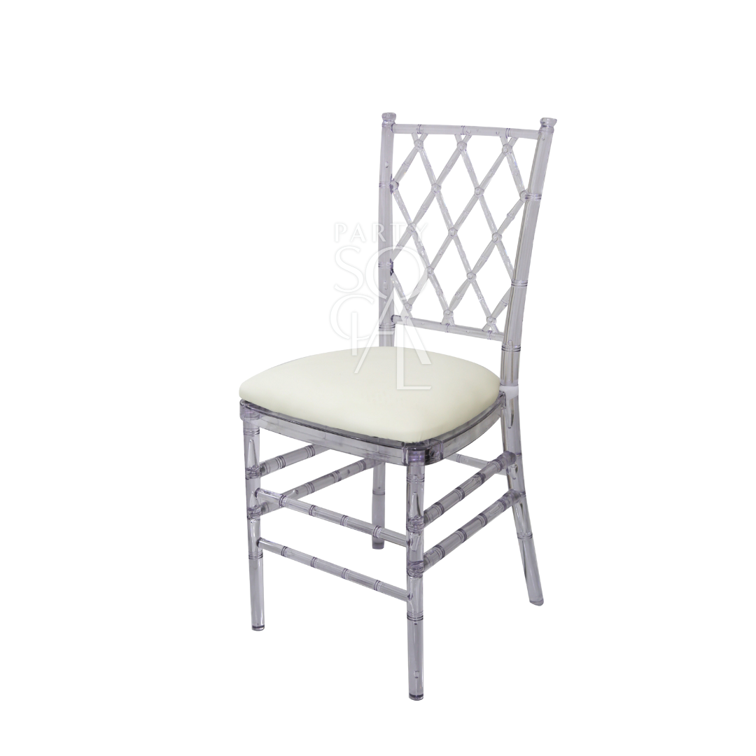 DIAMOND BACK ACRYLIC CHAIR featuring a clear plastic design with a white cushion, ideal for weddings and corporate functions.